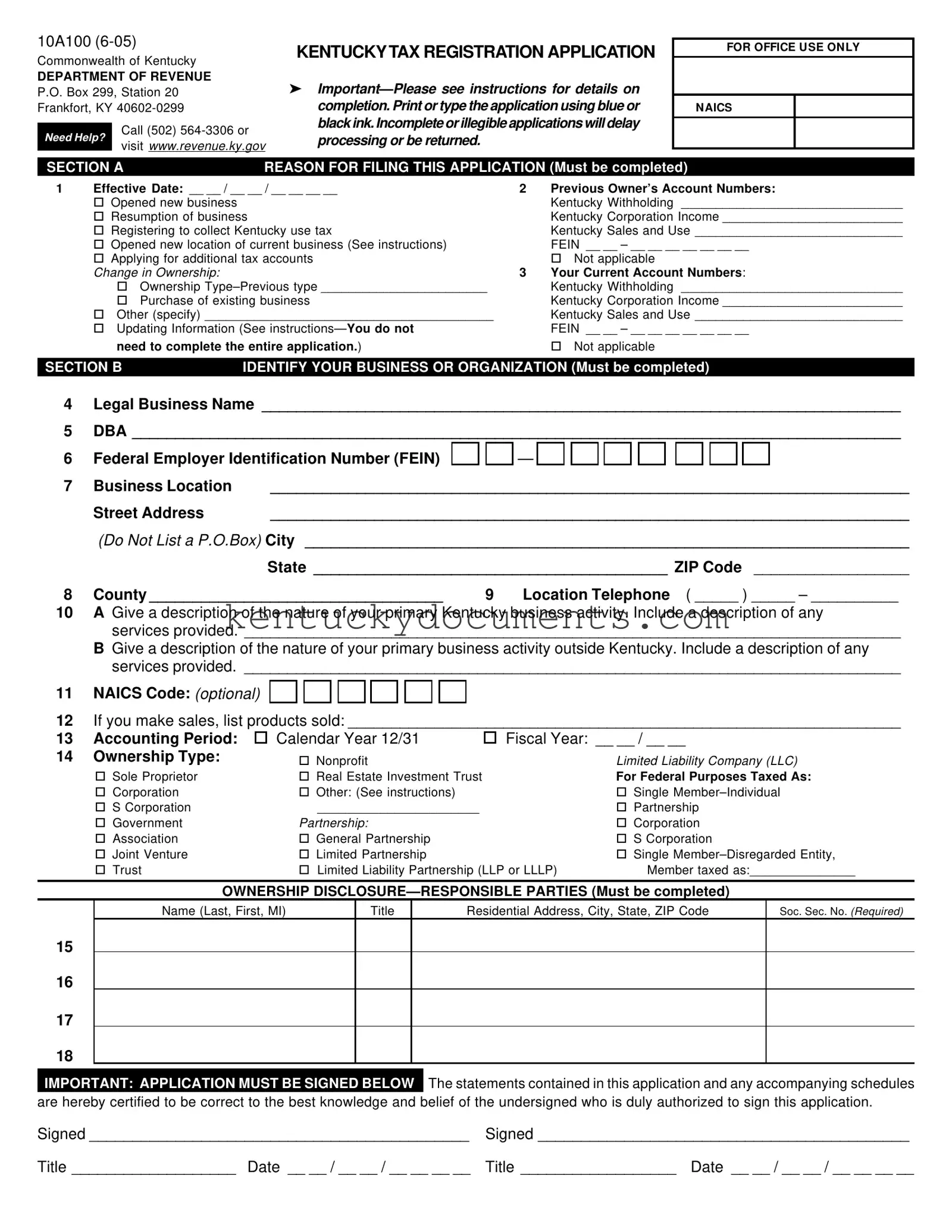 Fill Out a Valid 10A100 Kentucky Form
