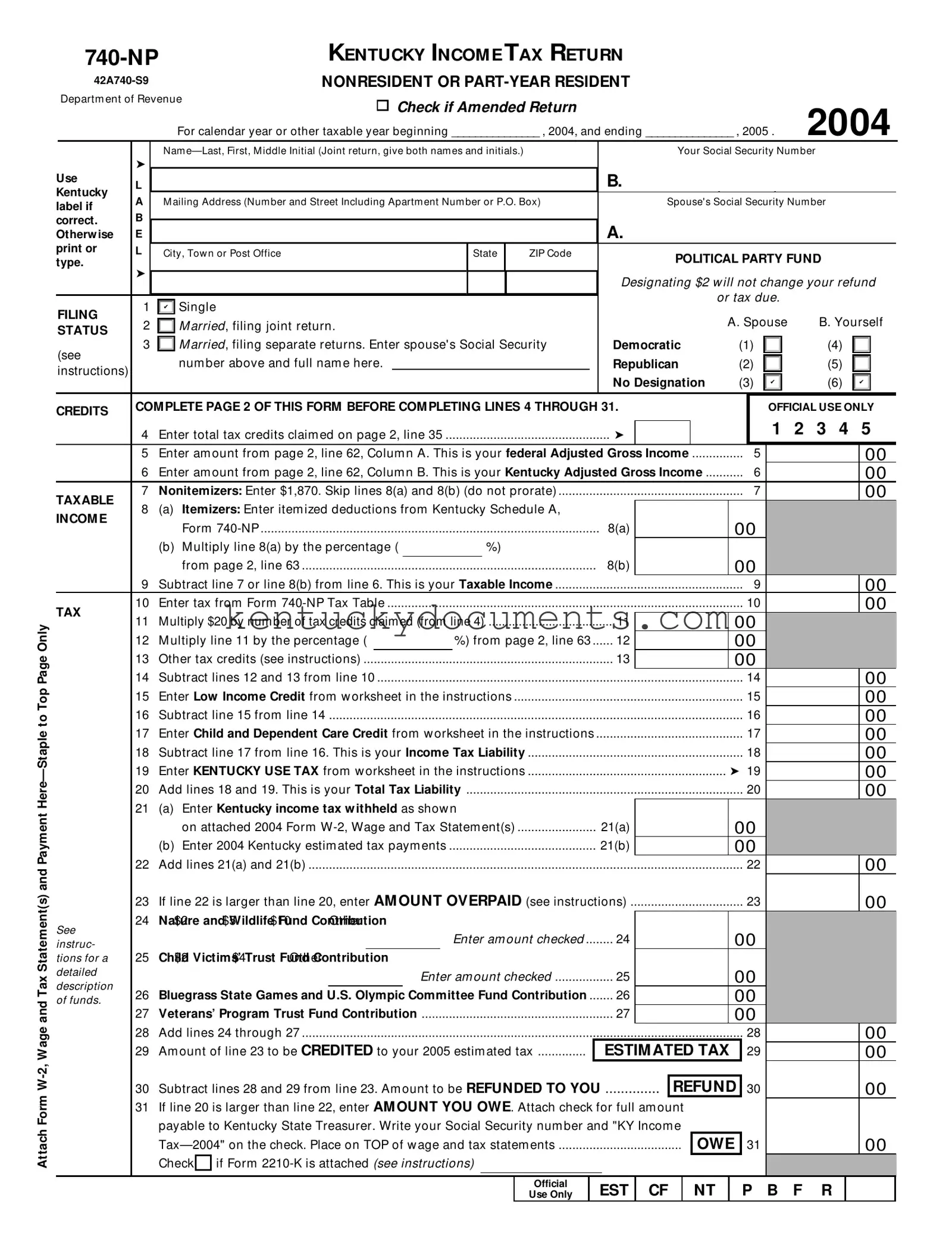 Fill Out a Valid Kentucky 740 Np Form