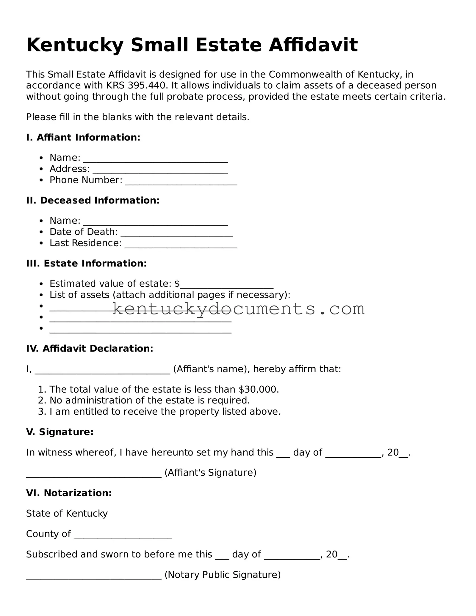 Free Kentucky Small Estate Affidavit Document