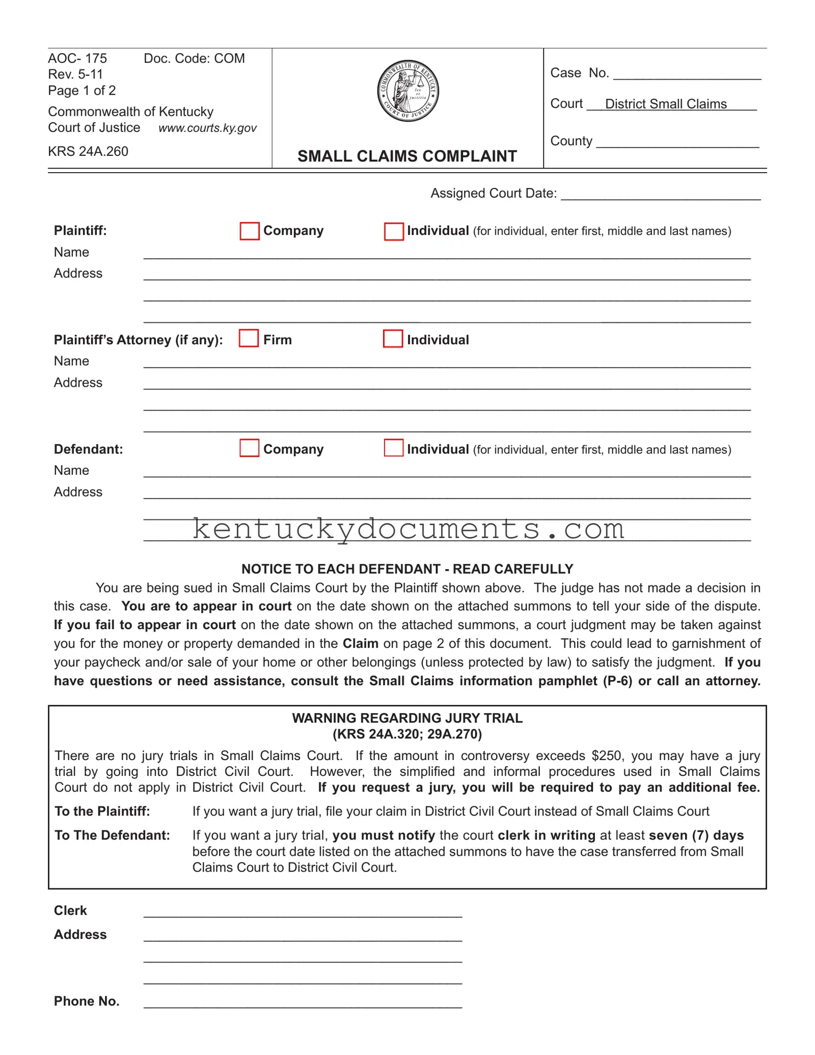 Fill Out a Valid Kentucky Aoc 175 Form