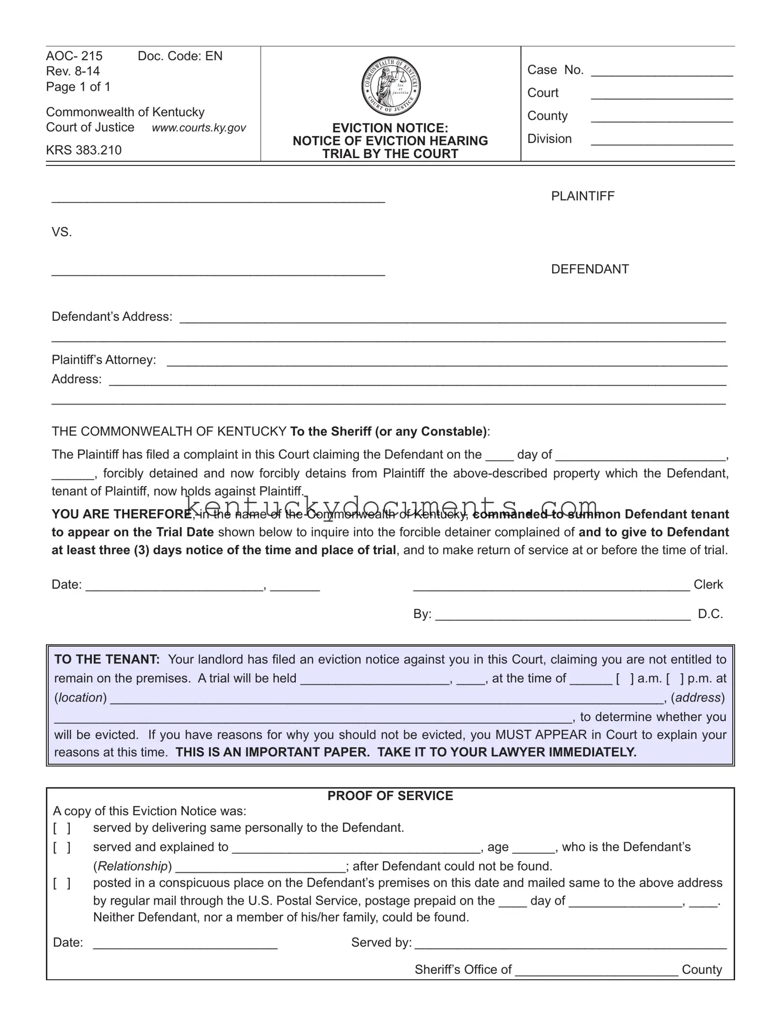 Fill Out a Valid Kentucky Aoc 215 Form