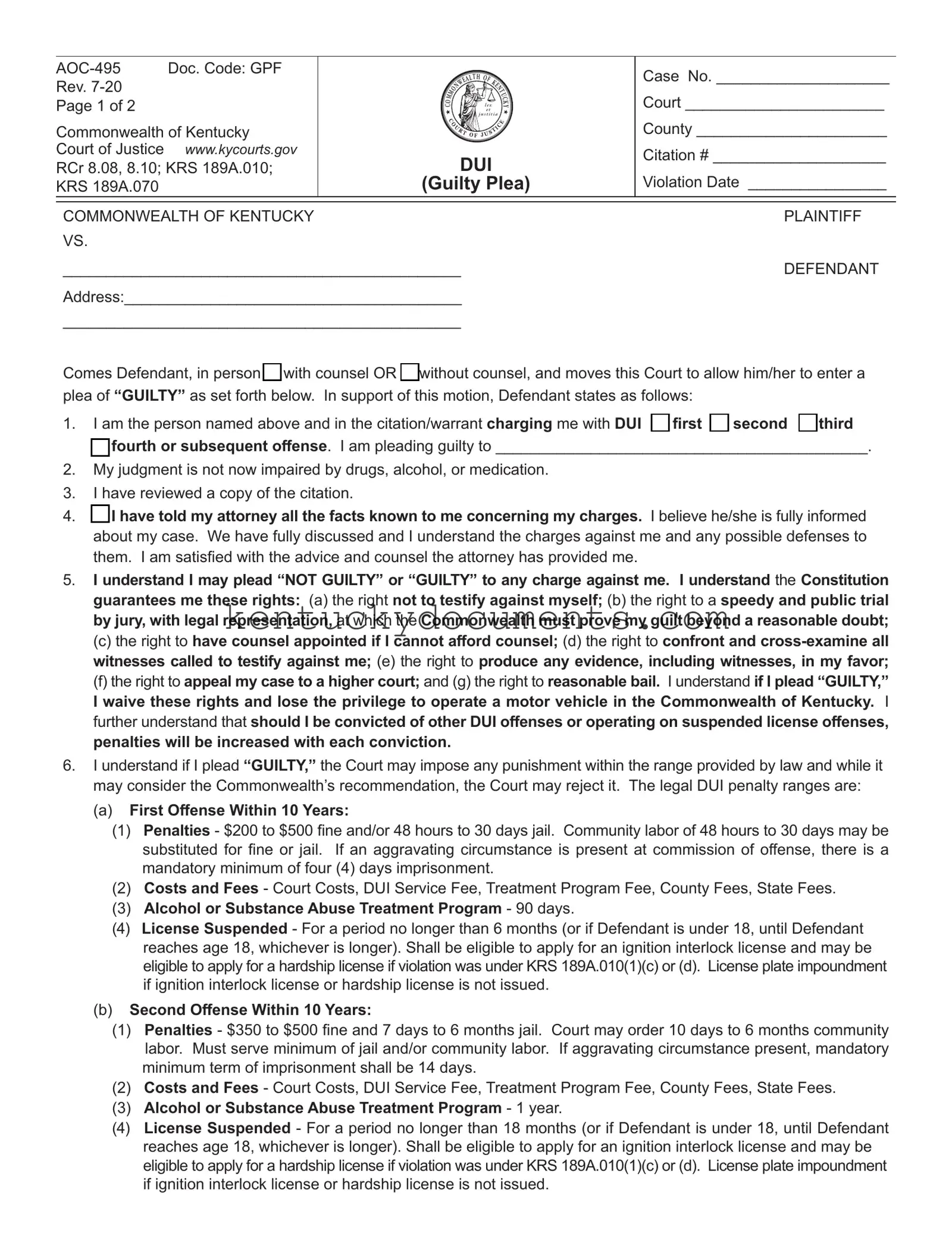 Fill Out a Valid Kentucky Aoc 495 Form