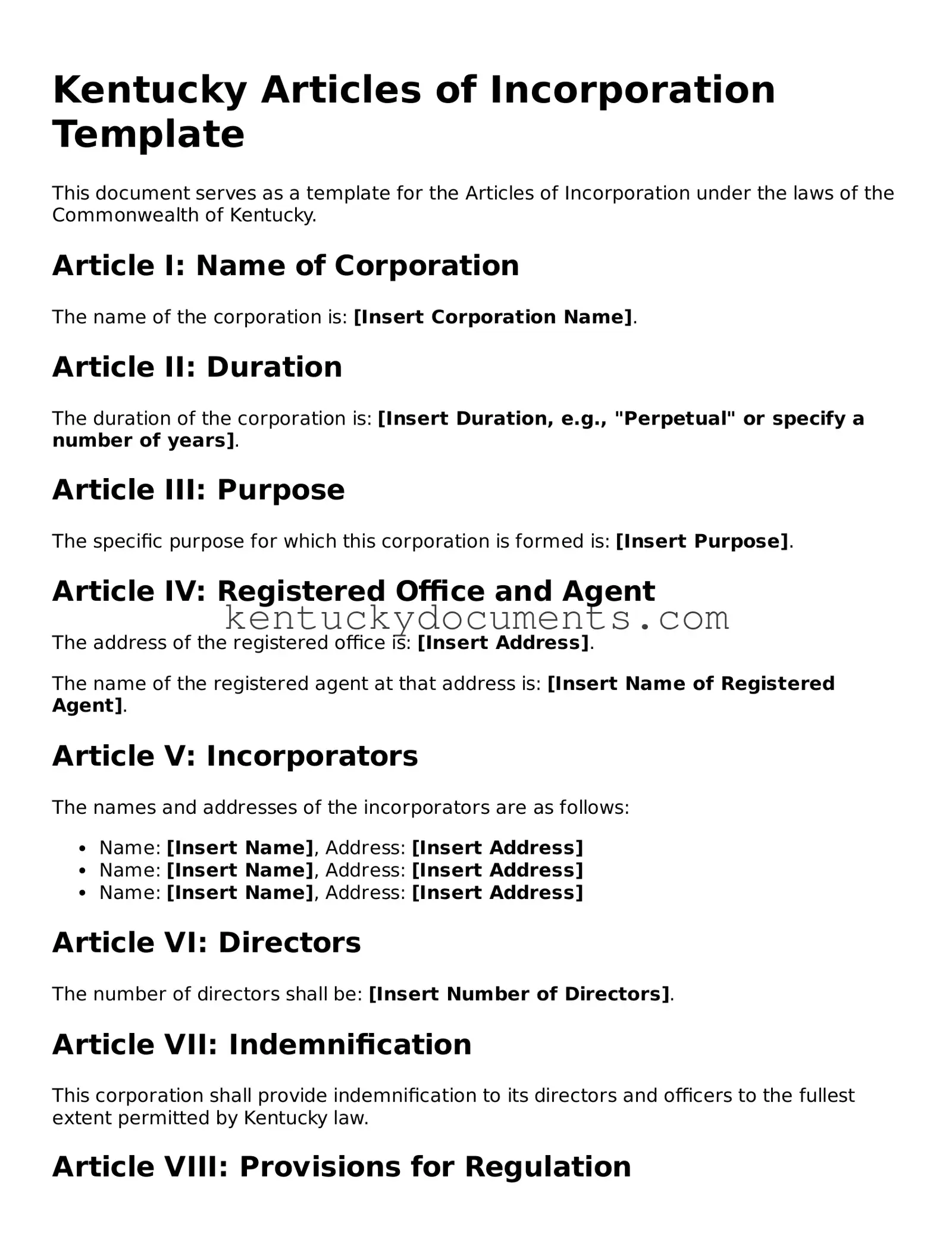 Free Kentucky Articles of Incorporation Document