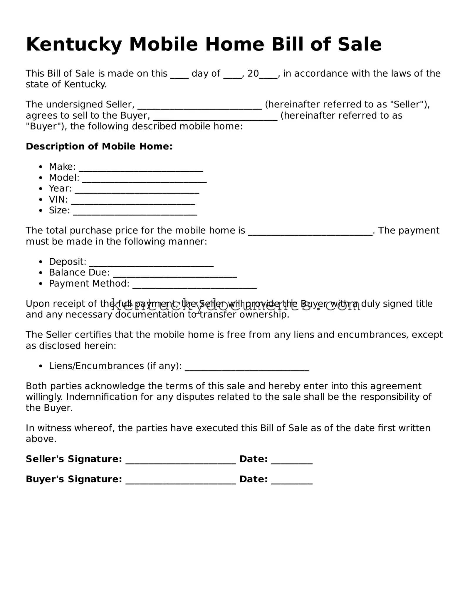 Free Kentucky Mobile Home Bill of Sale Document