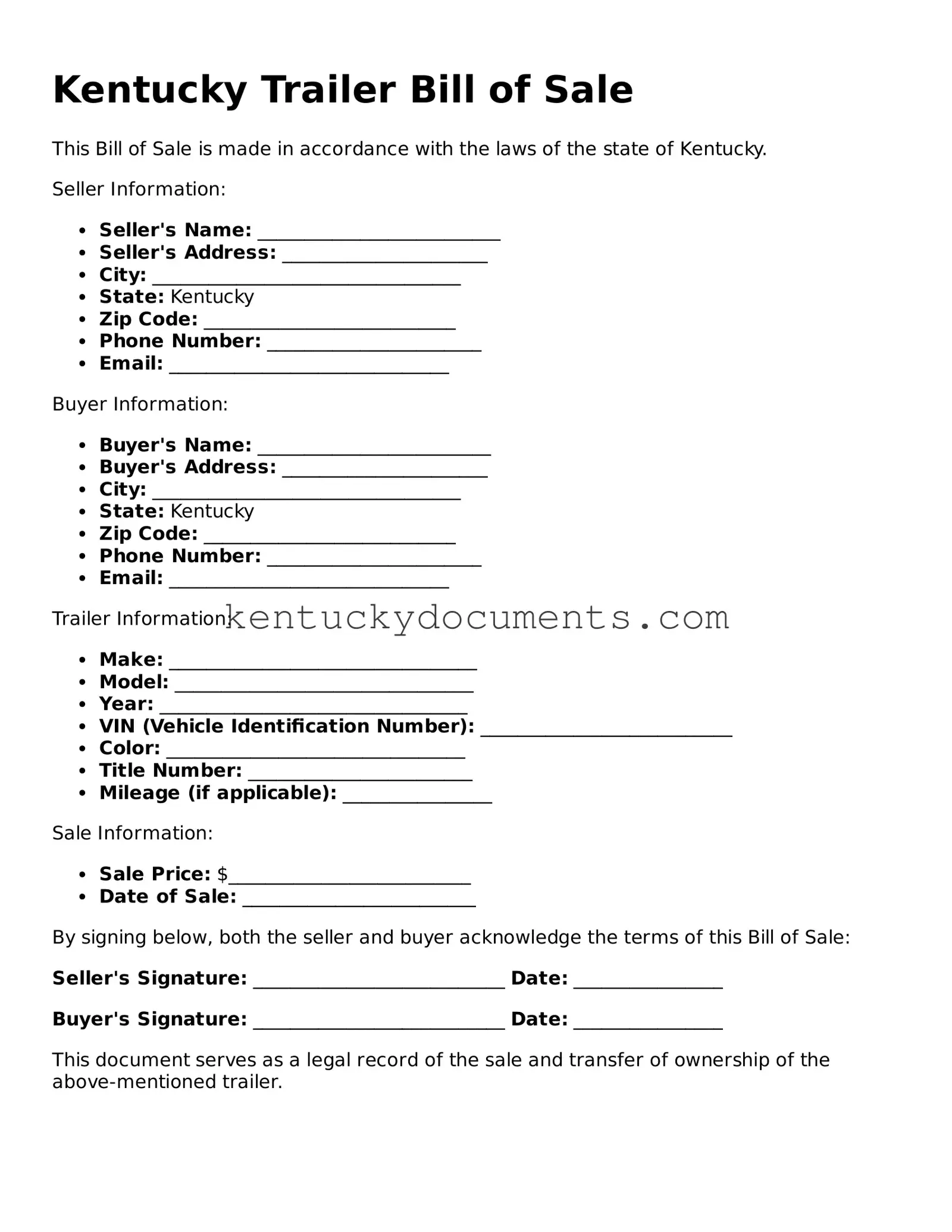 Free Kentucky Trailer Bill of Sale Document