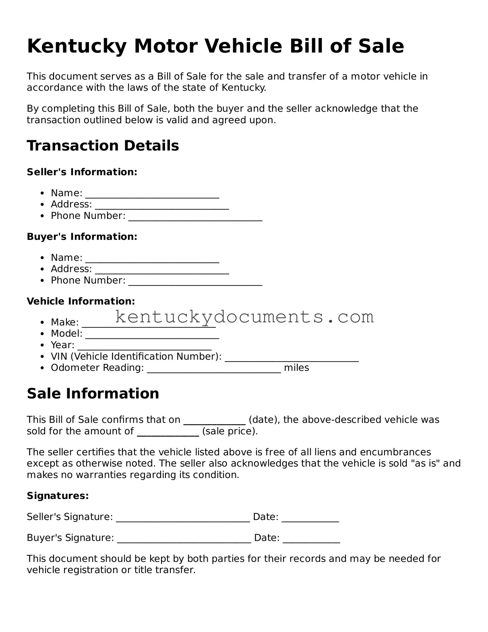 Free Kentucky Motor Vehicle Bill of Sale Document
