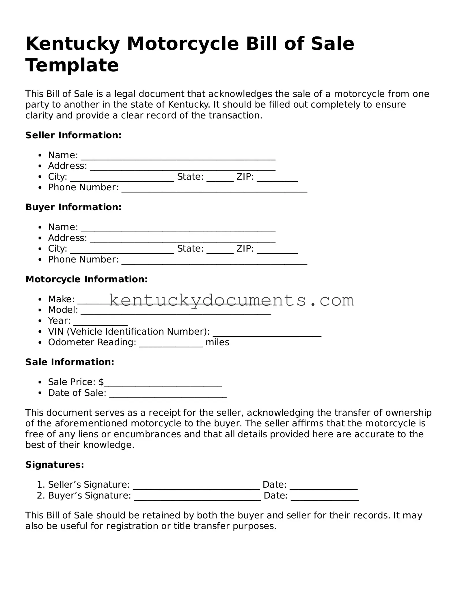 Free Kentucky Motorcycle Bill of Sale Document