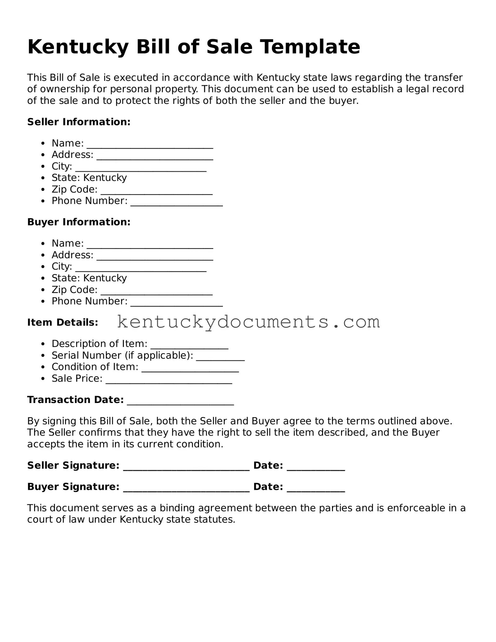 Free Kentucky Bill of Sale Document