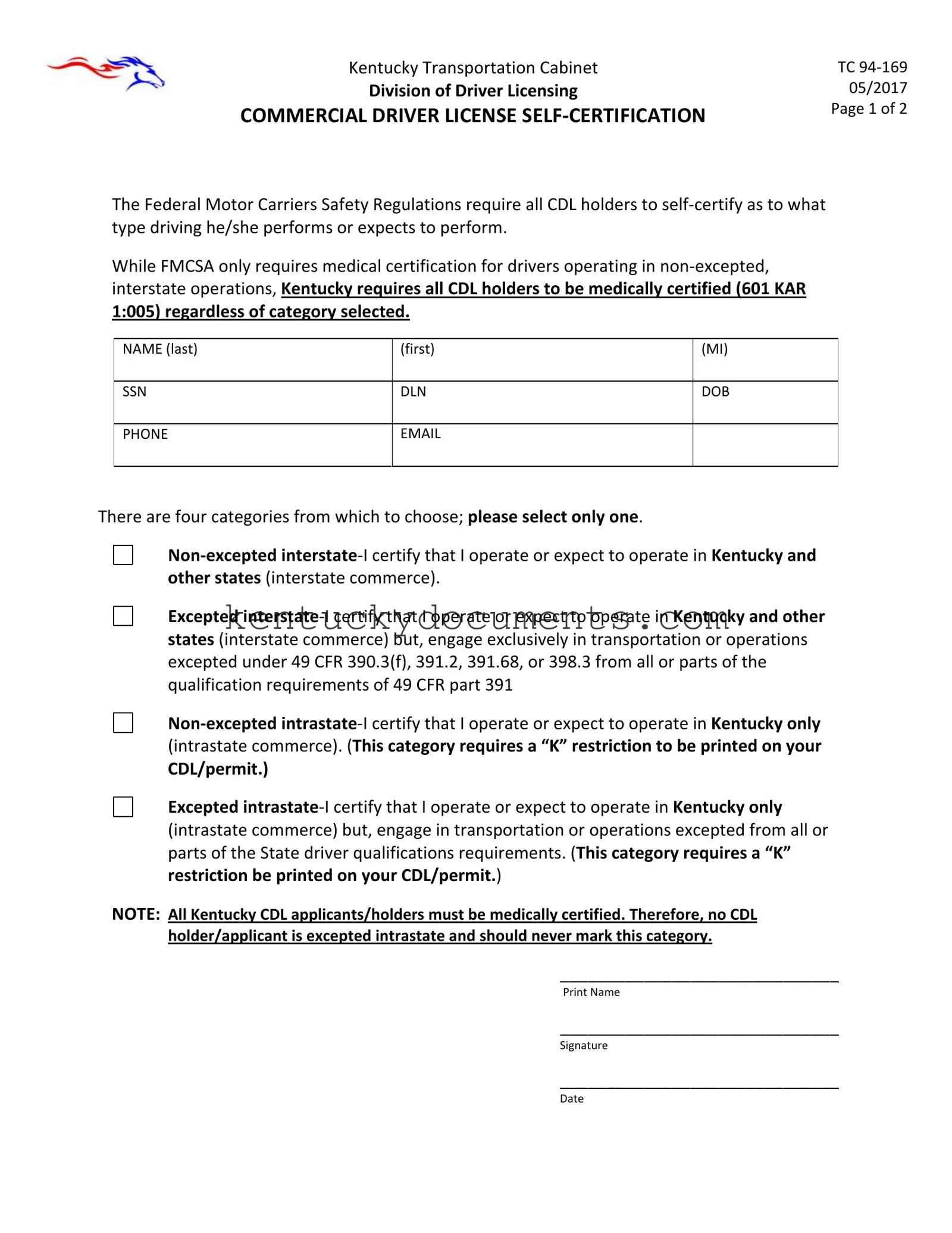 Fill Out a Valid Kentucky Cdl Self Certification Form