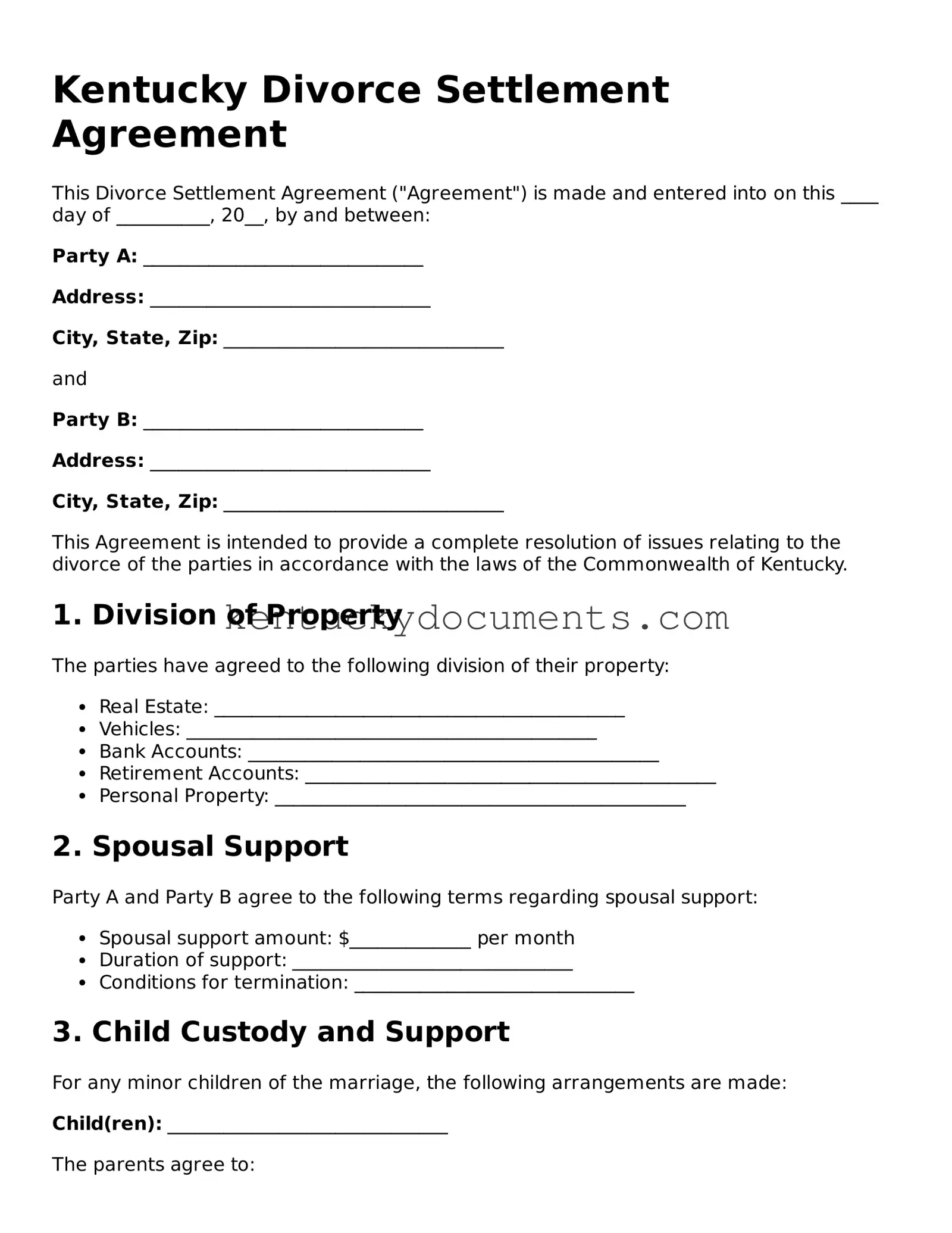 Free Kentucky Divorce Settlement Agreement Document