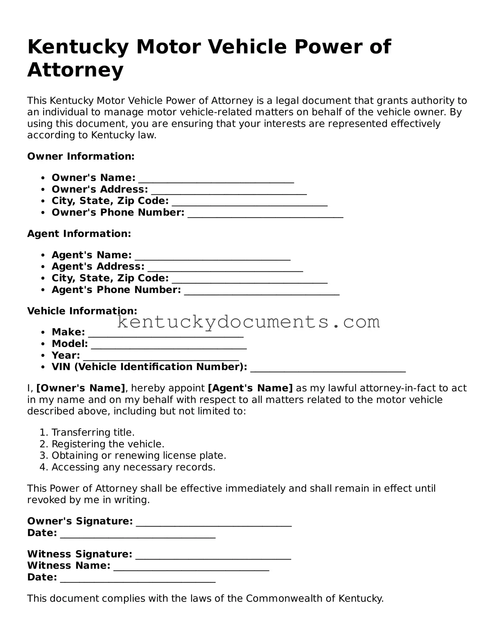 Free Kentucky Motor Vehicle Power of Attorney Document