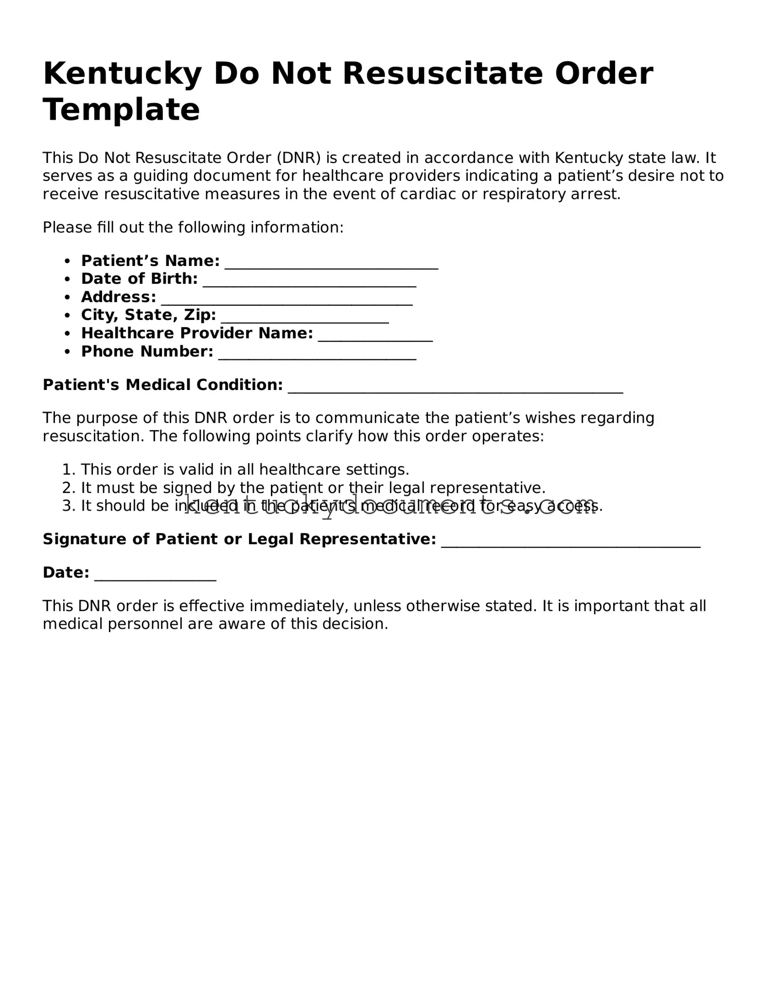 Free Kentucky Do Not Resuscitate Order Document