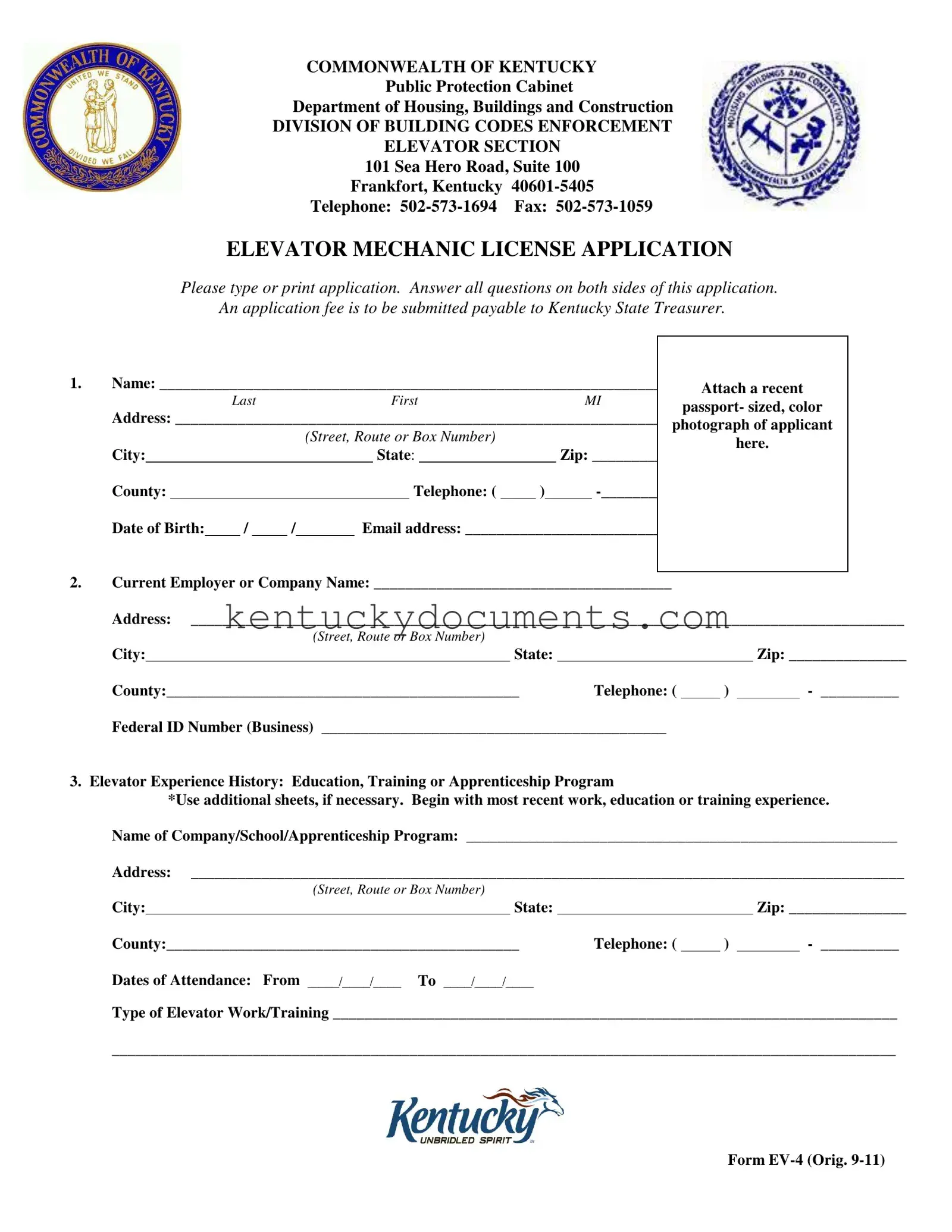 Fill Out a Valid Kentucky Elevator Mechanic License Form