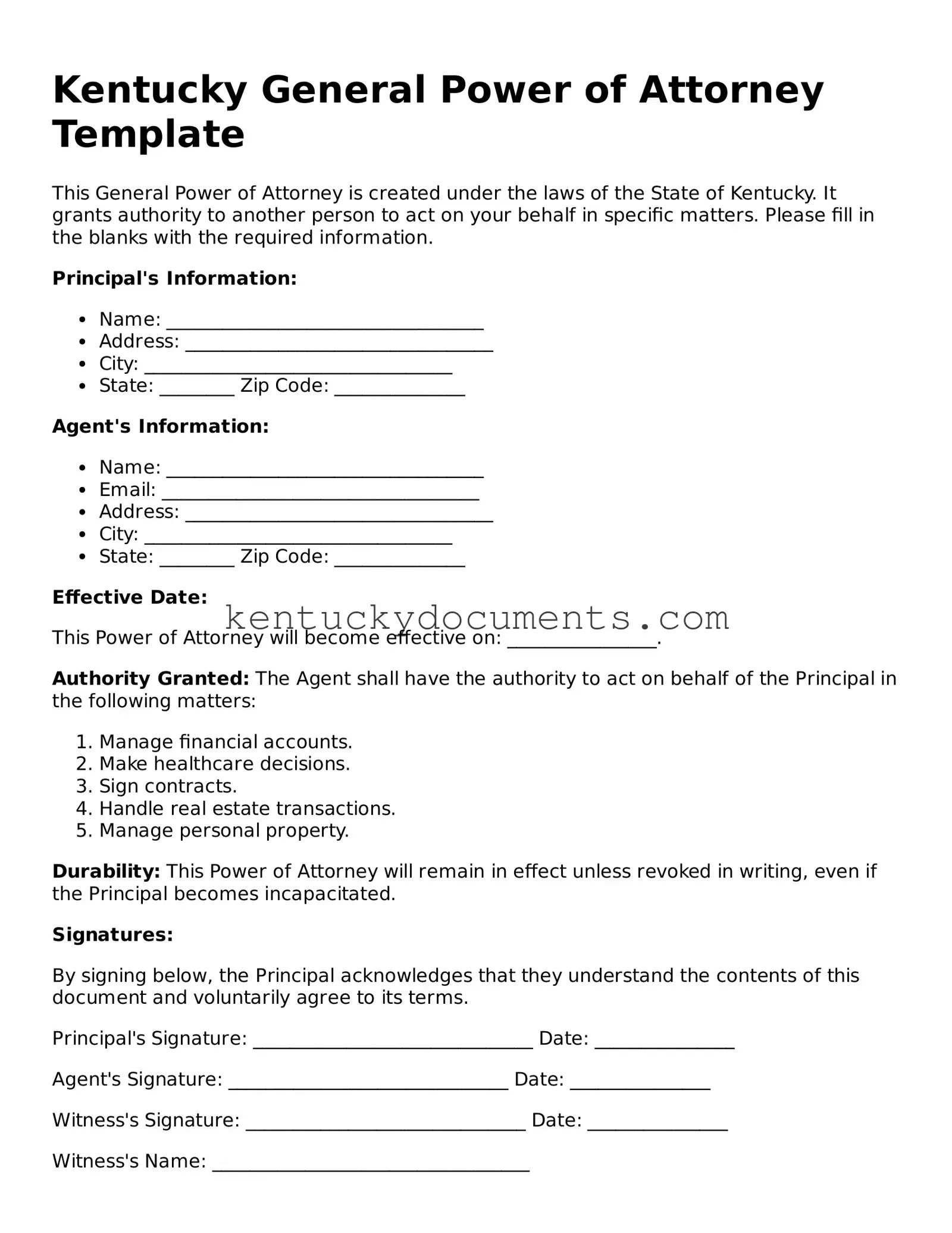 Free Kentucky General Power of Attorney Document