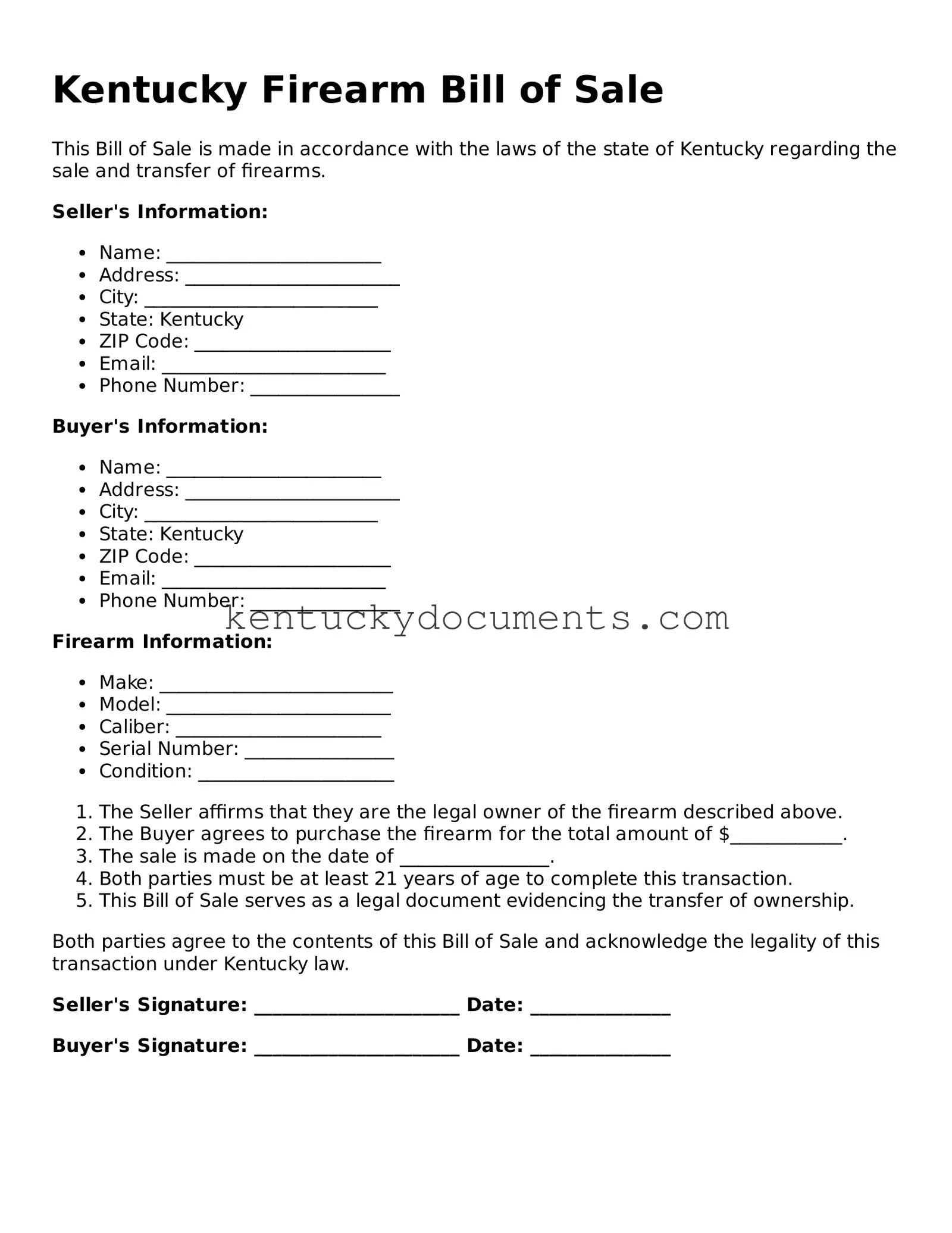 Free Kentucky Firearm Bill of Sale Document