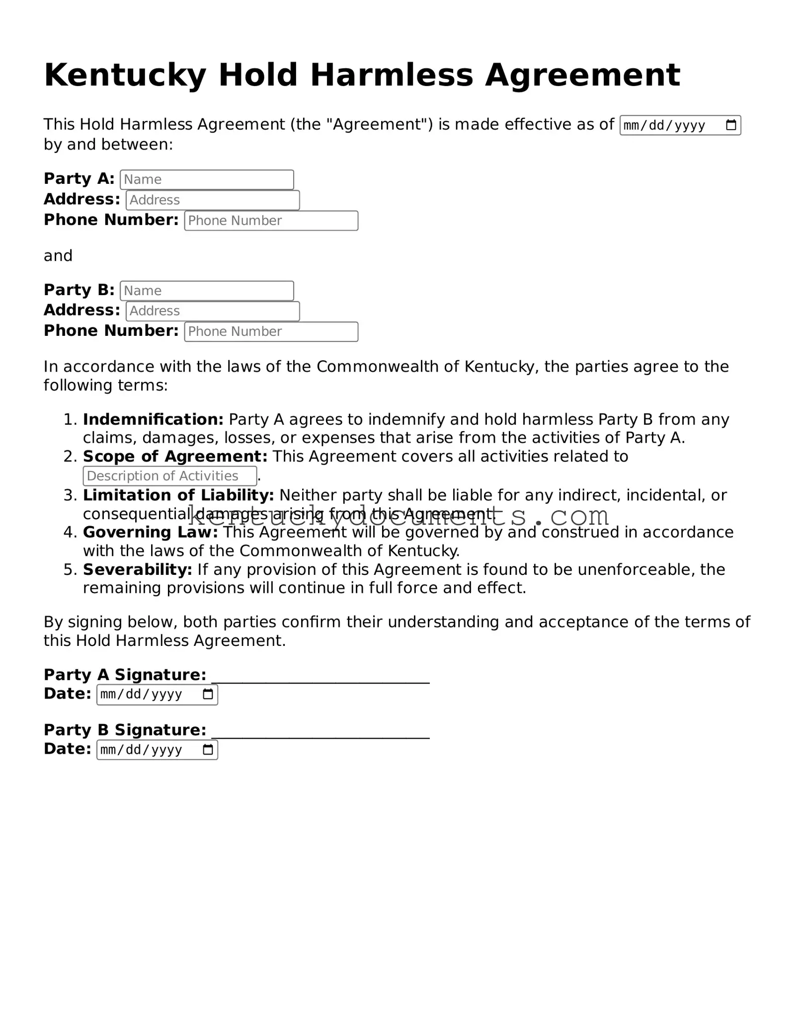Free Kentucky Hold Harmless Agreement Document