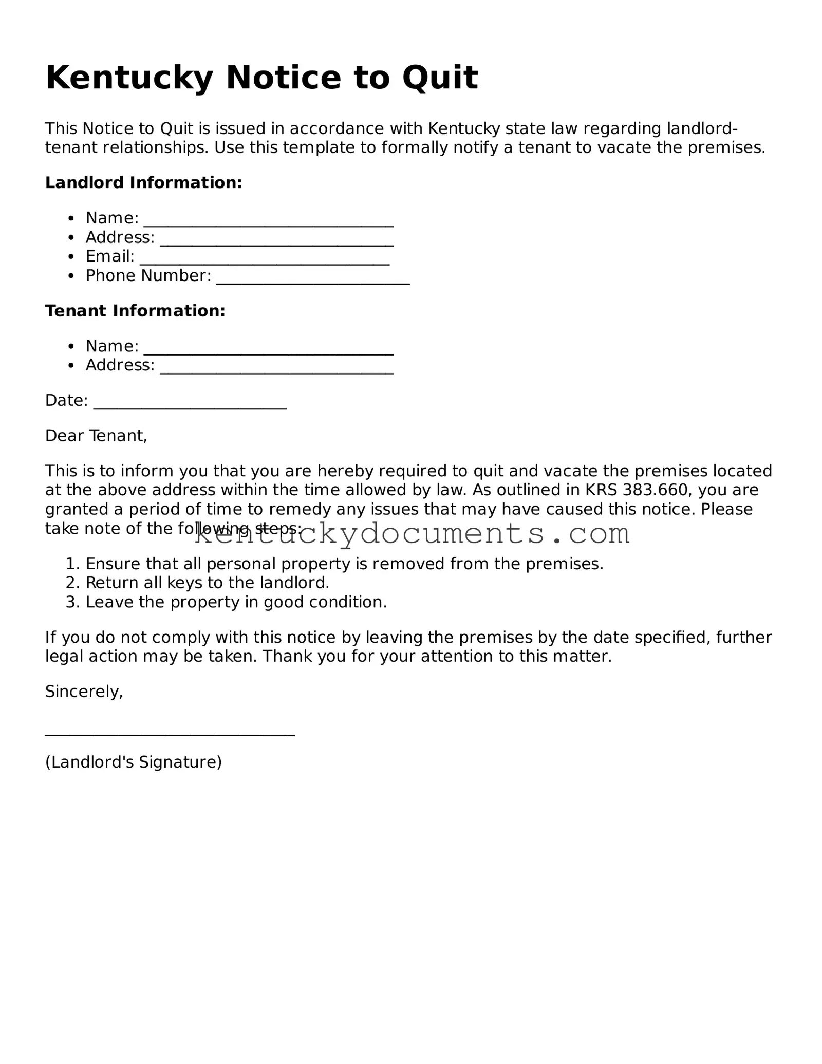 Free Kentucky Notice to Quit Document