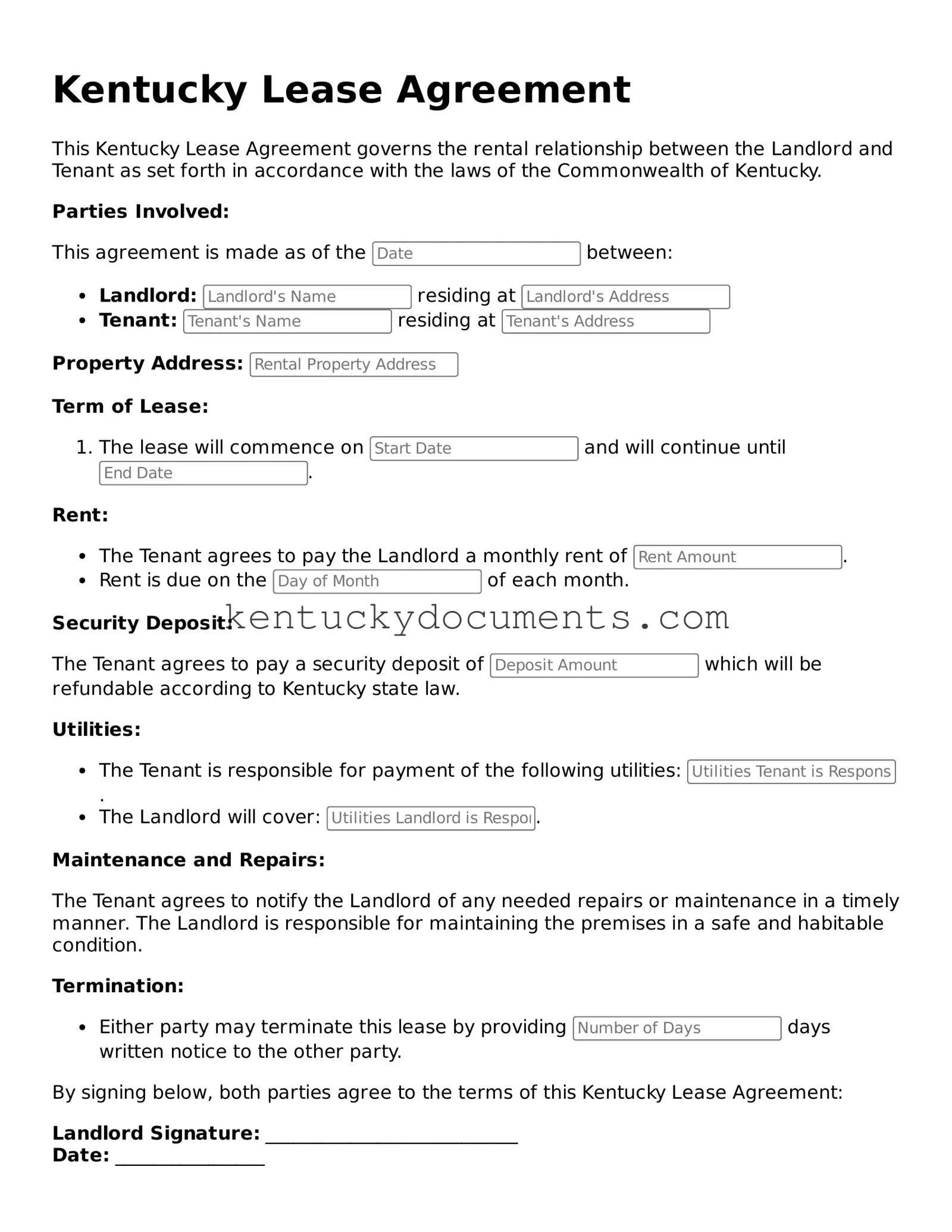 Free Kentucky Lease Agreement Document
