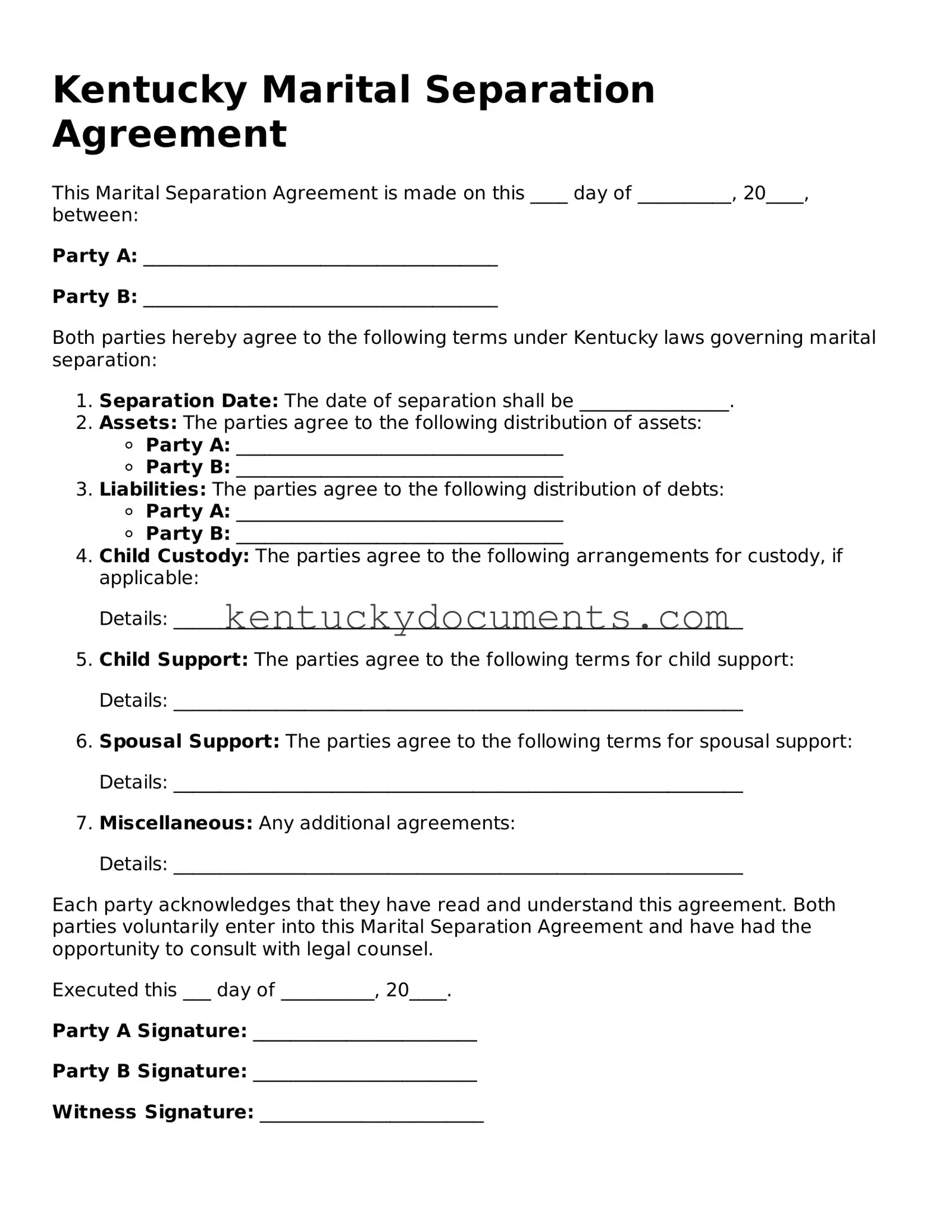 Free Kentucky Marital Separation Agreement Document