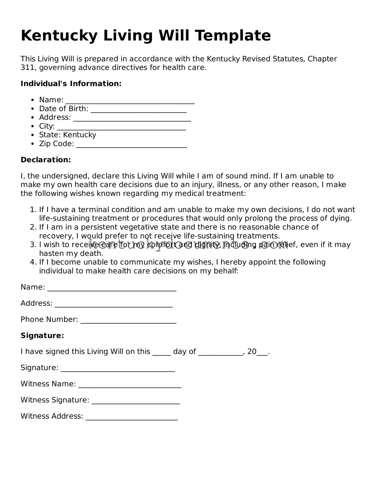 Free Kentucky Living Will Document