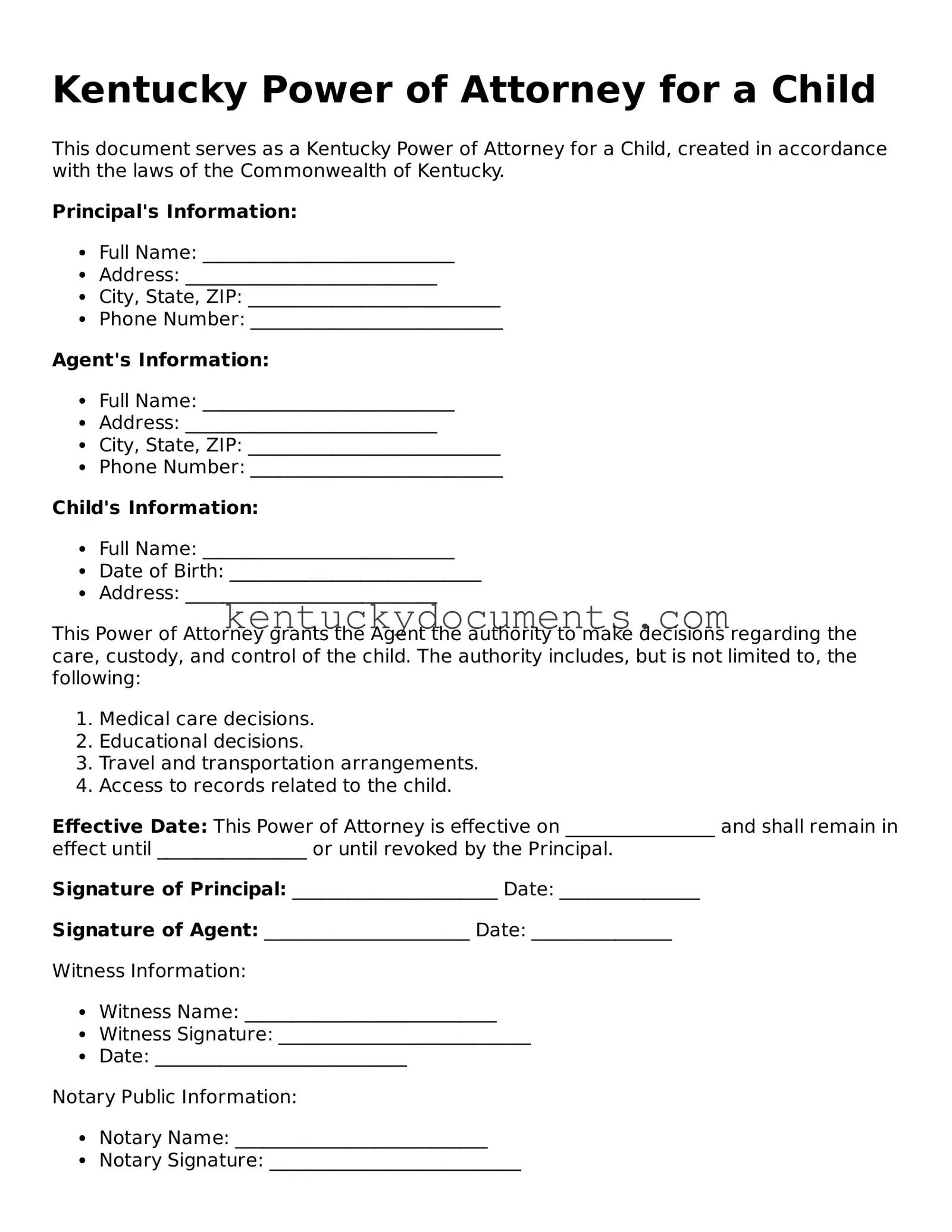 Free Kentucky Power of Attorney for a Child Document