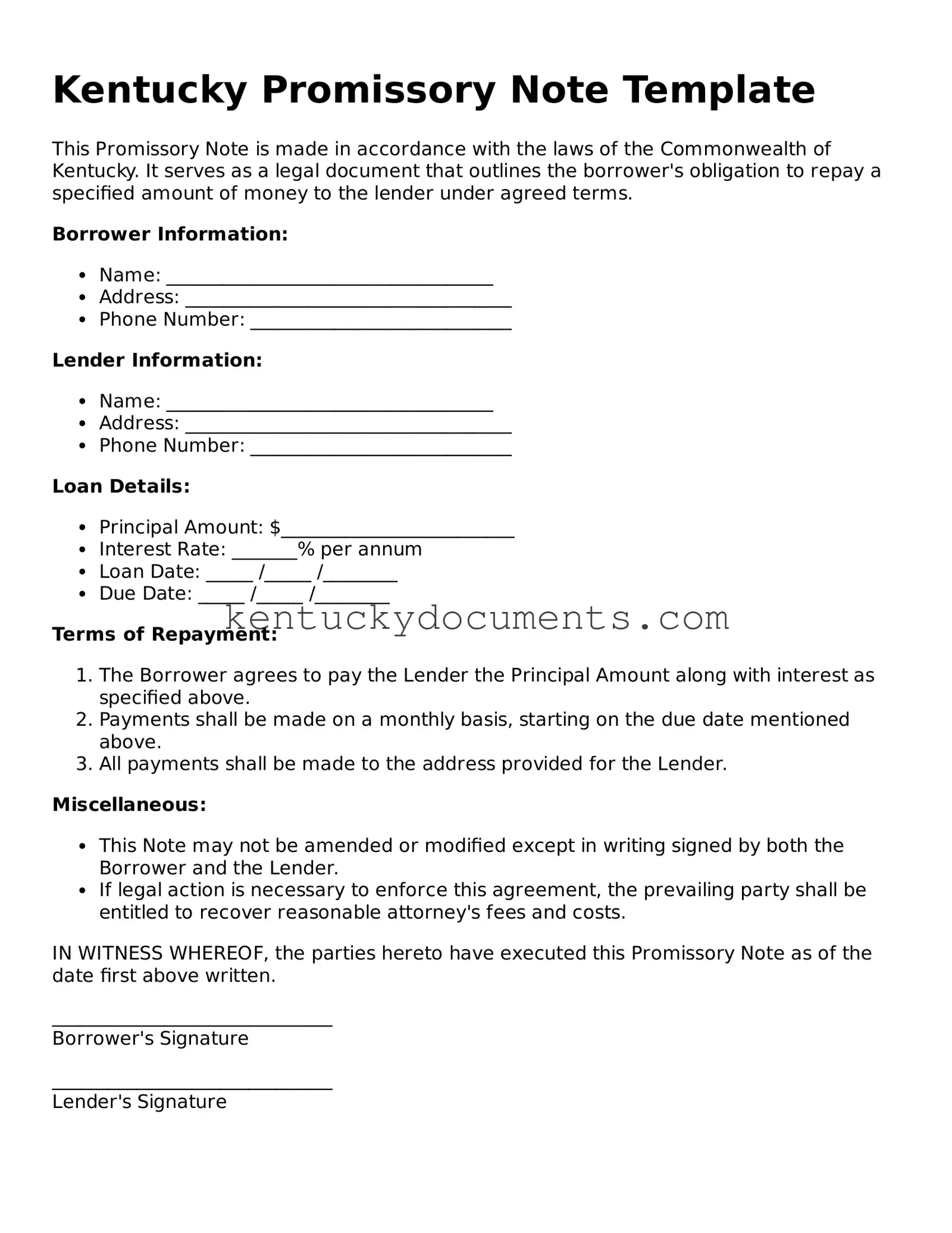 Free Kentucky Promissory Note Document