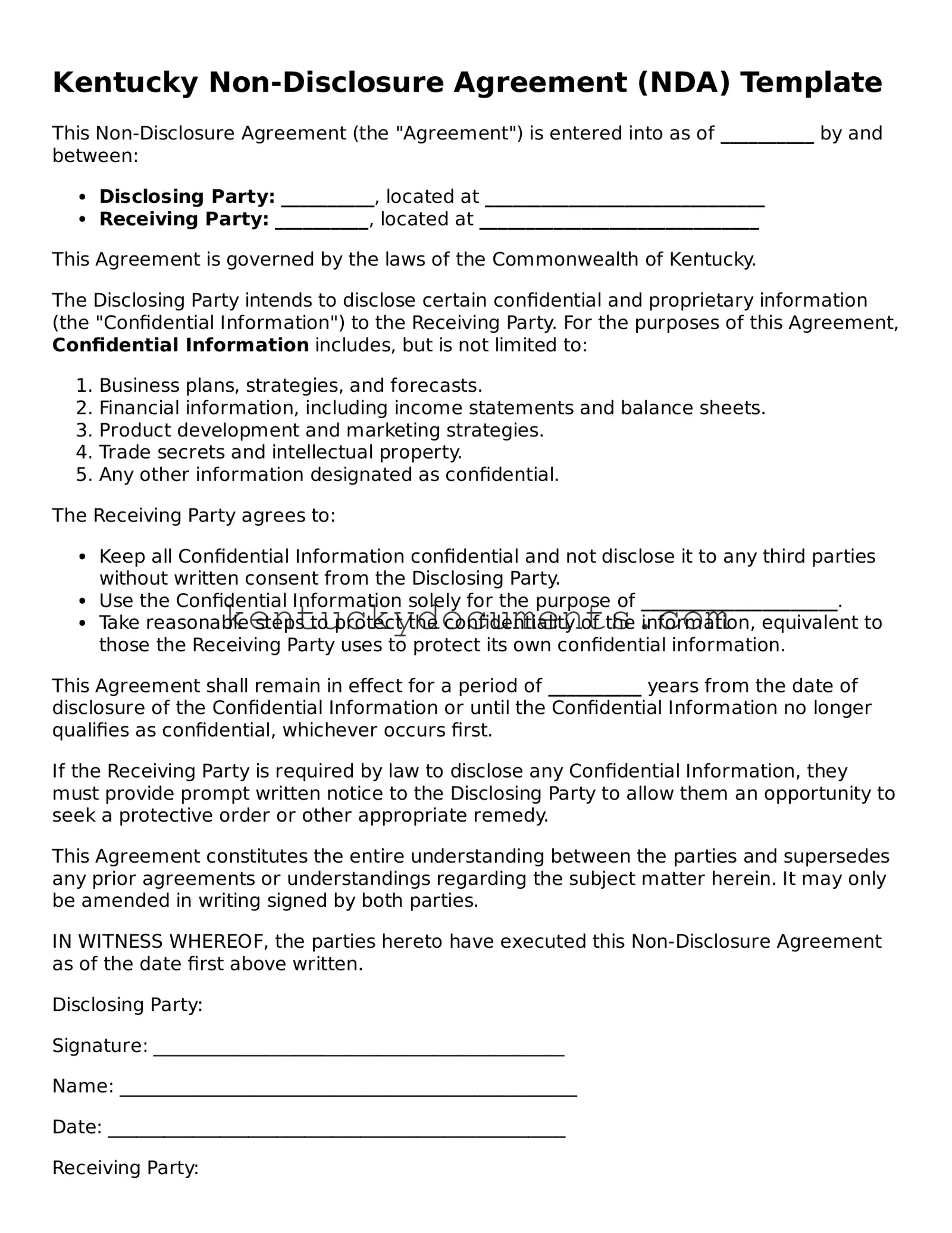 Free Kentucky Non-disclosure Agreement Document