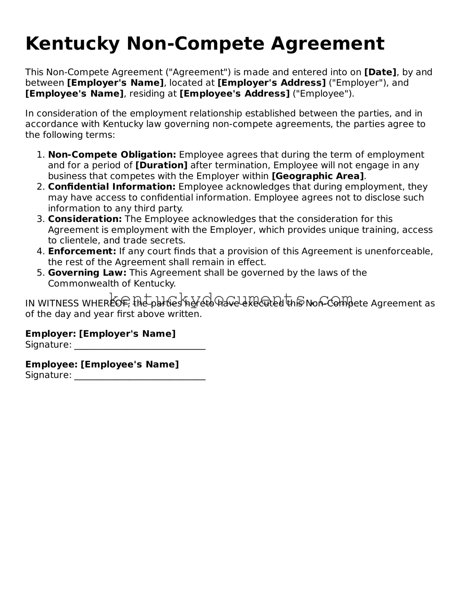 Free Kentucky Non-compete Agreement Document