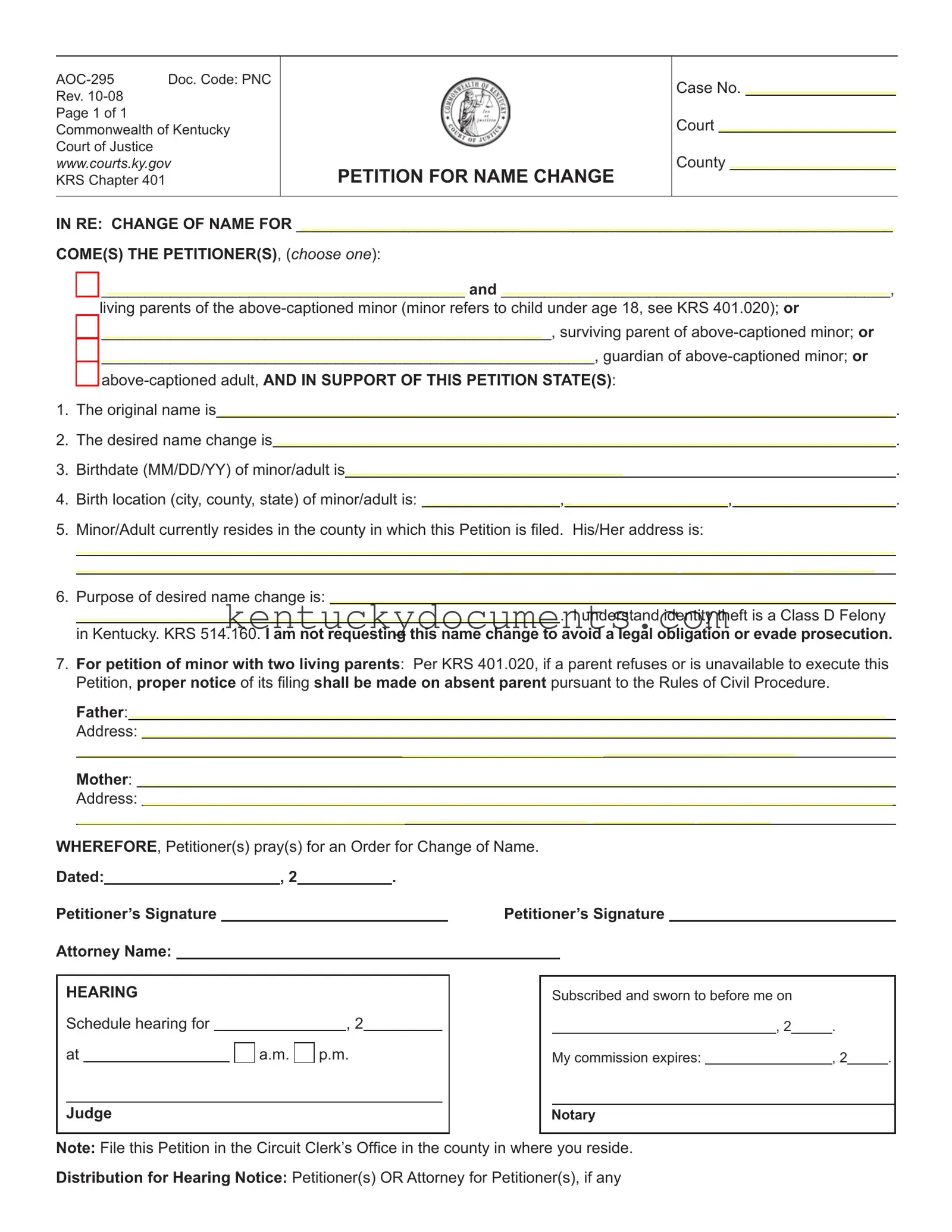 Fill Out a Valid Kentucky Petition Name Change Form