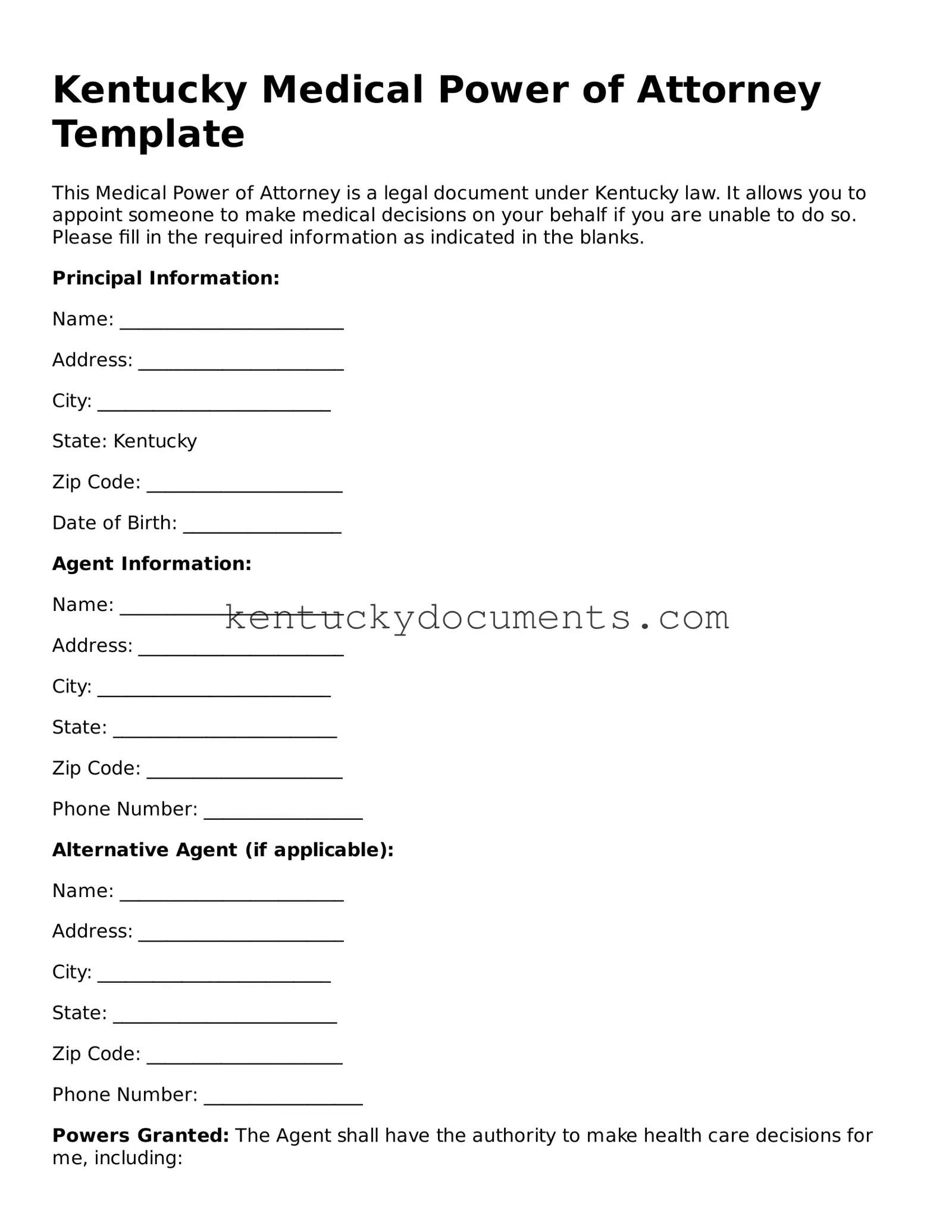Free Kentucky Medical Power of Attorney Document