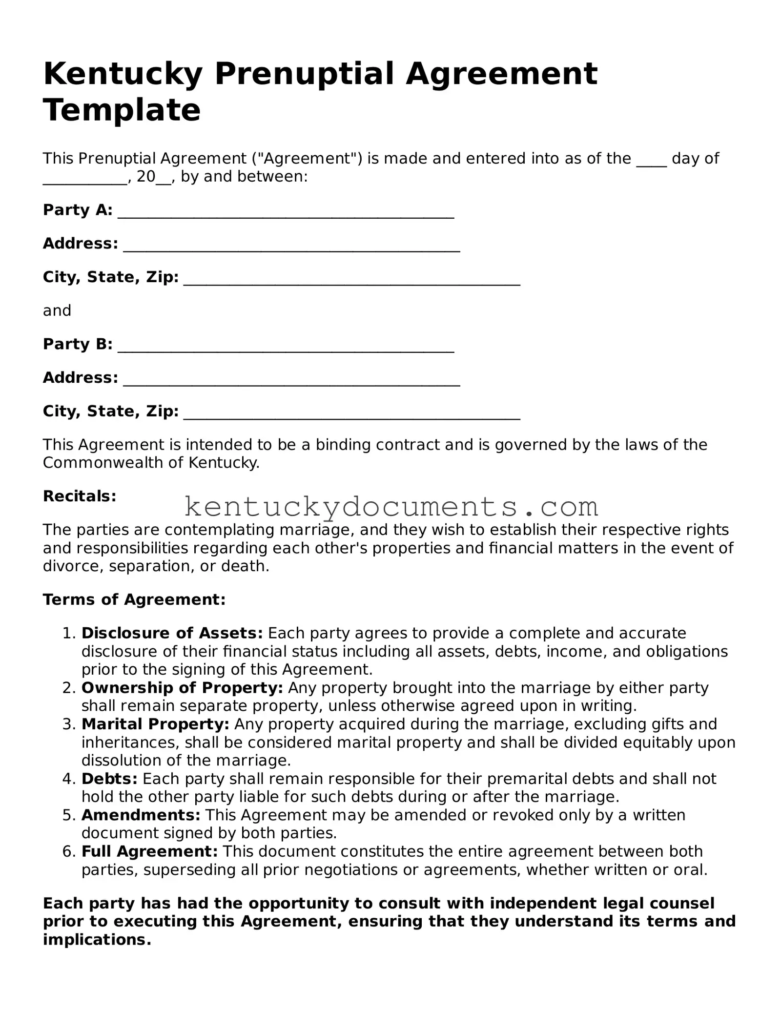Free Kentucky Prenuptial Agreement Document
