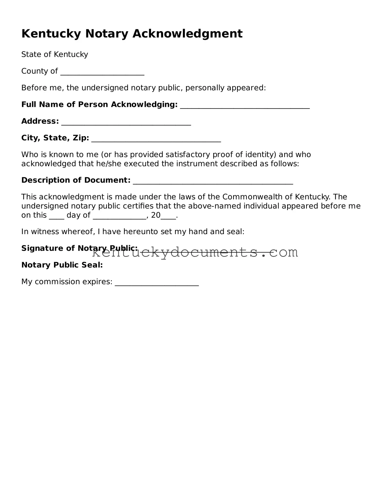 Free Kentucky Notary Acknowledgement Document