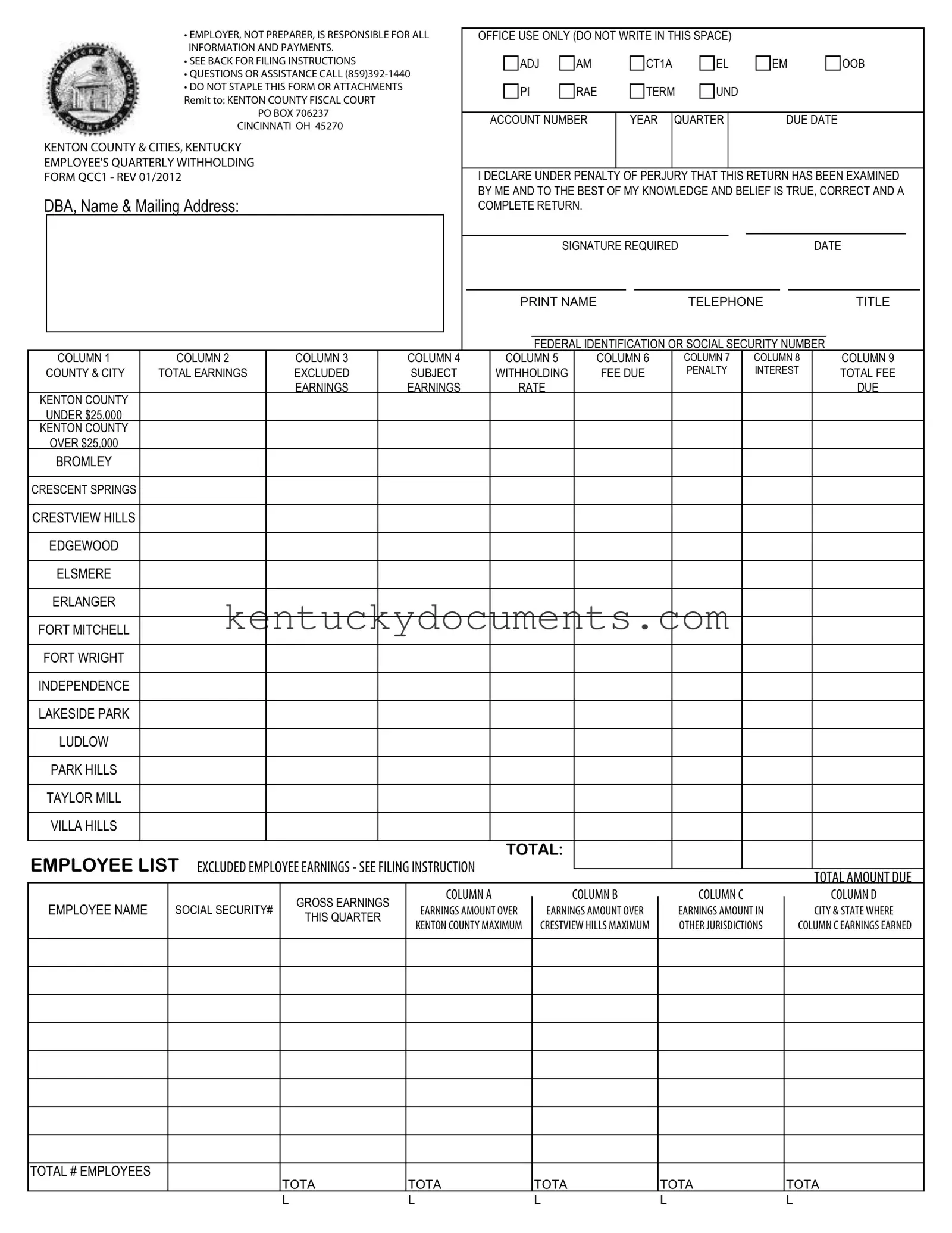 Fill Out a Valid Kentucky Qcc1 Form