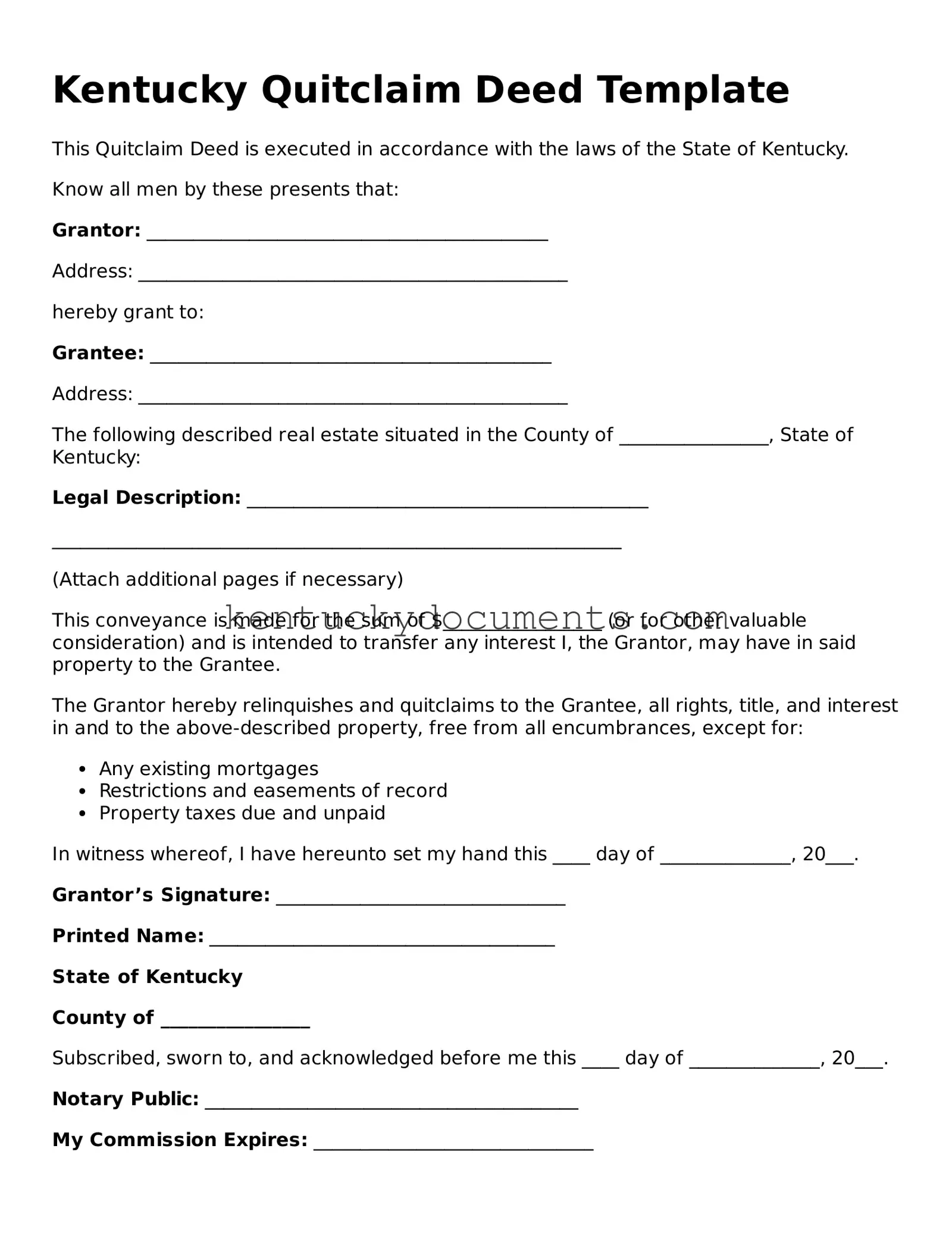 Free Kentucky Quitclaim Deed Document
