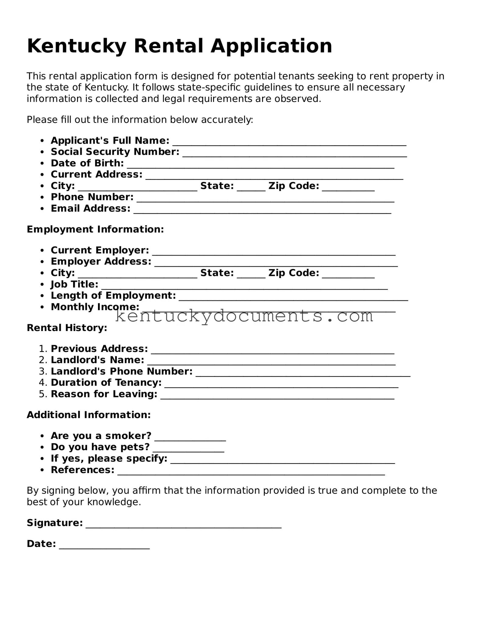 Free Kentucky Rental Application Document