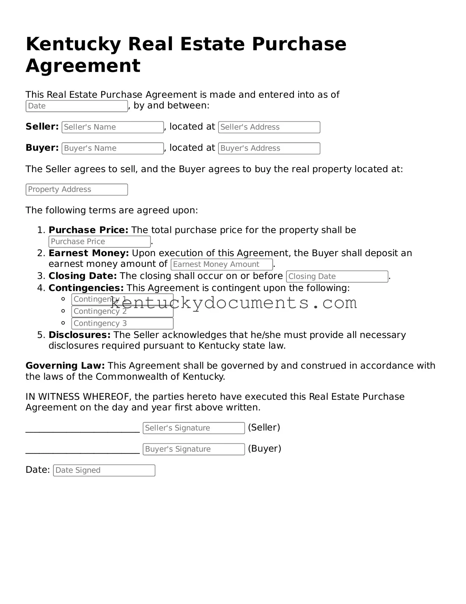 Free Kentucky Real Estate Purchase Agreement Document