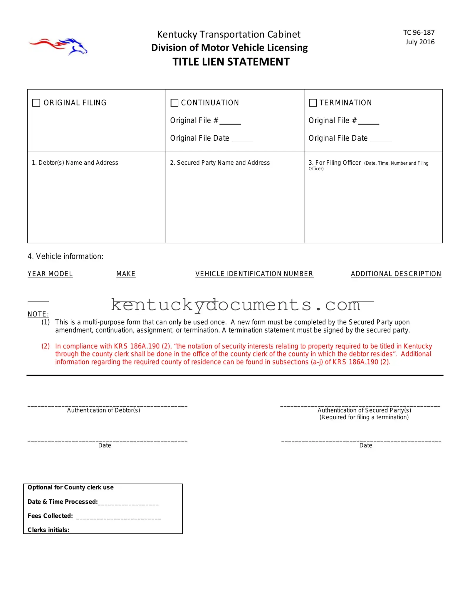 Fill Out a Valid Kentucky Tc 96 187 Form