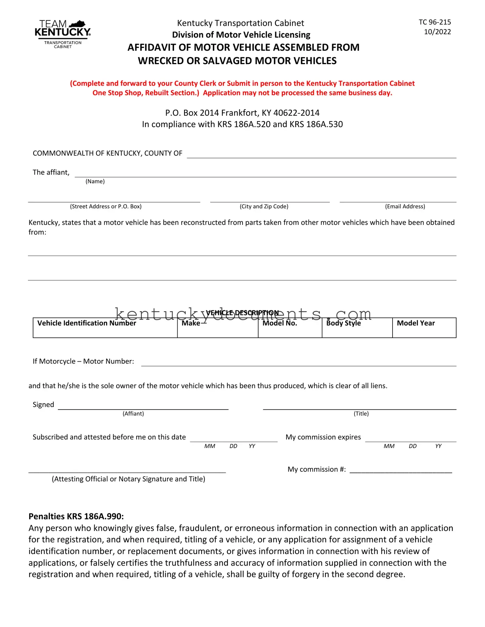 Fill Out a Valid Kentucky Tc 96 215 Form