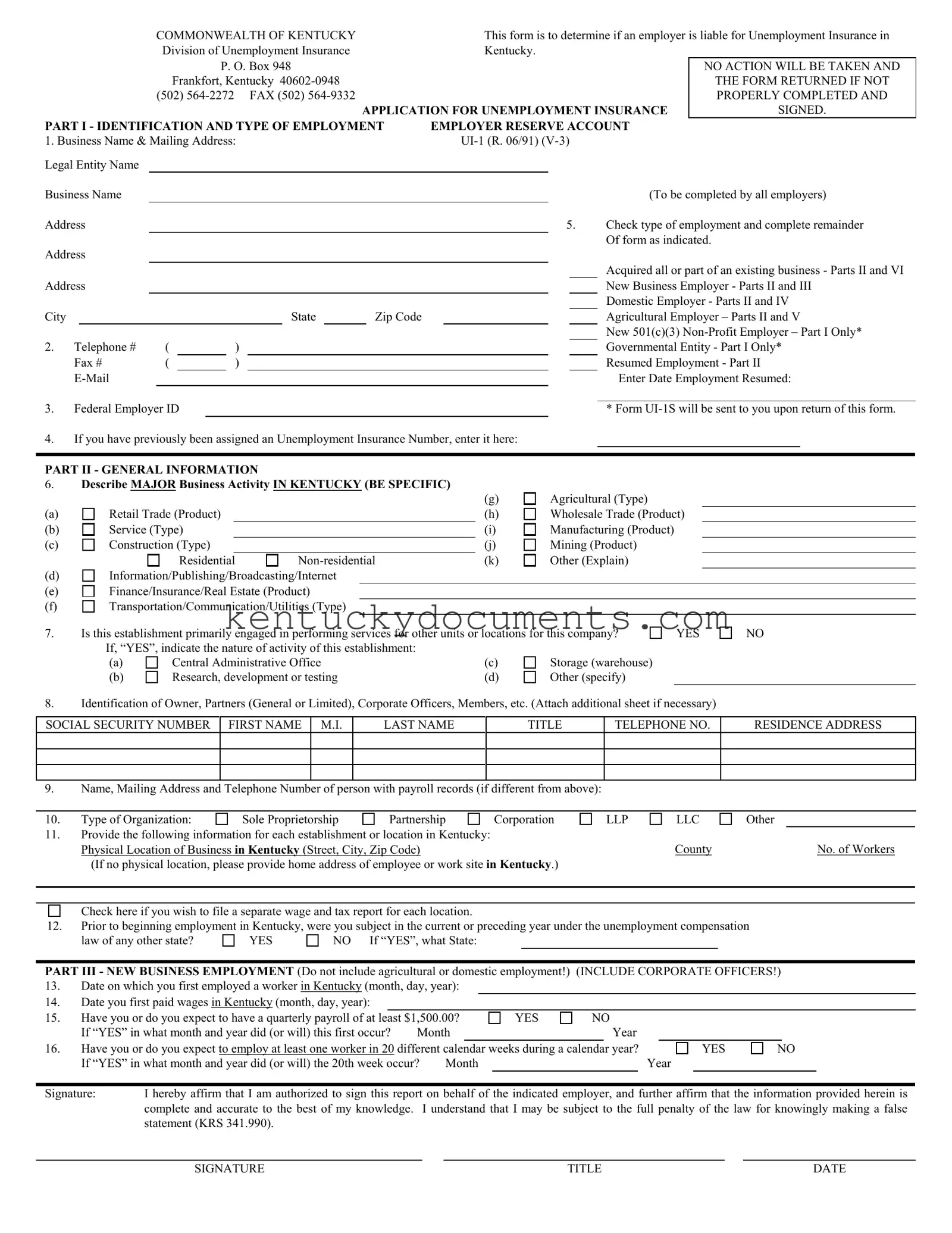 Fill Out a Valid Kentucky Ui 1 Form