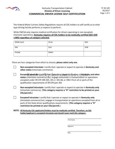 Fill Out a Valid Kentucky Cdl Self Certification Form