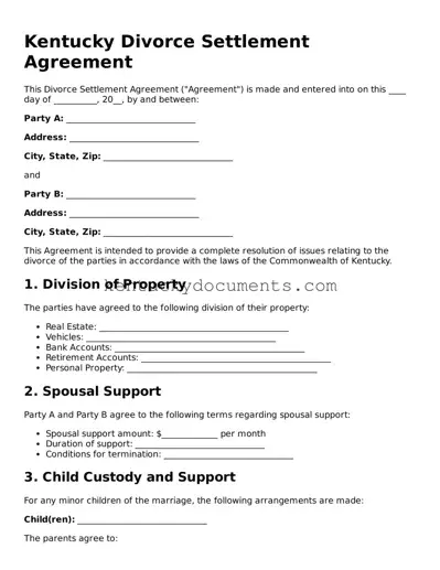 Free Kentucky Divorce Settlement Agreement Document
