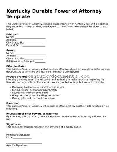 Free Kentucky Durable Power of Attorney Document