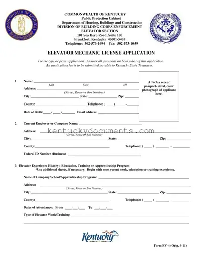 Fill Out a Valid Kentucky Elevator Mechanic License Form