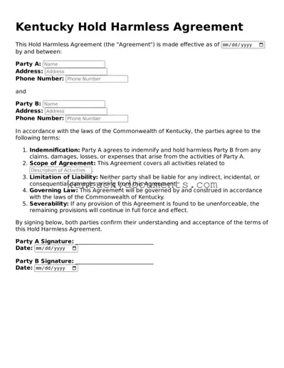 Free Kentucky Hold Harmless Agreement Document