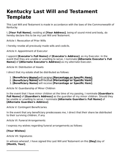 Free Kentucky Last Will and Testament Document