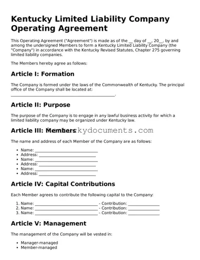 Free Kentucky Operating Agreement Document