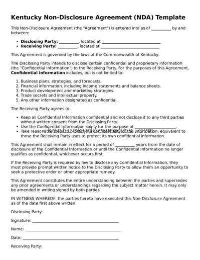Free Kentucky Non-disclosure Agreement Document