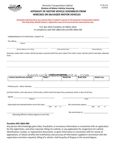 Fill Out a Valid Kentucky Tc 96 215 Form